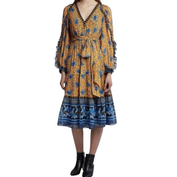 Ulla Johnson Romilly Silk Floral Orange Blue Long Sleeve Midi Dress Size 4 - Picture 4 of 14